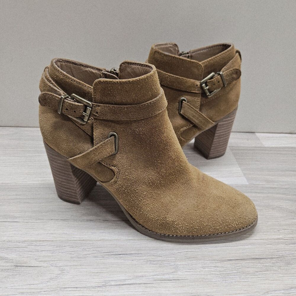 Franco Sarto Womens Brown Suede Chunky Boots Size 8 Booties Buckles Heel